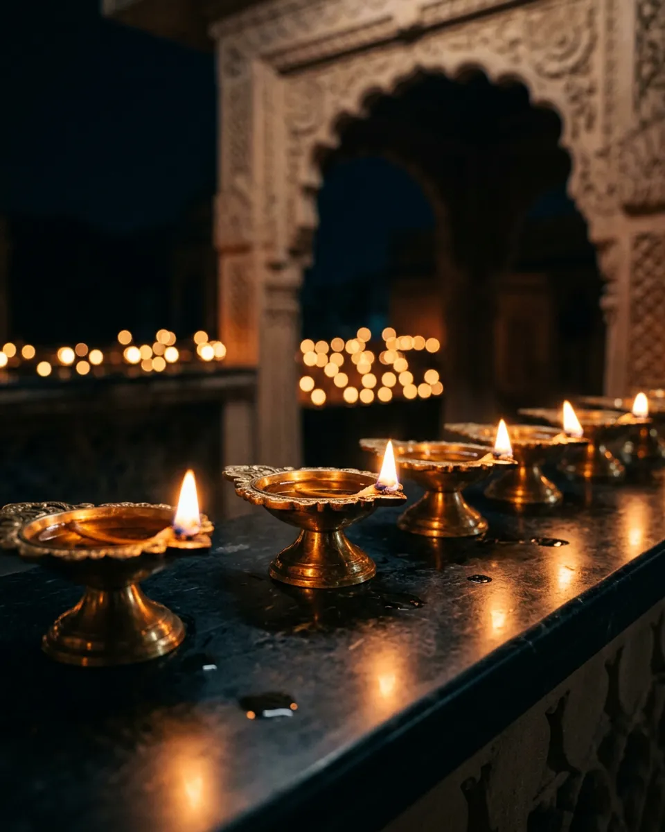Glowing diyas: Polished brass on marble, flames steady in the still night air.