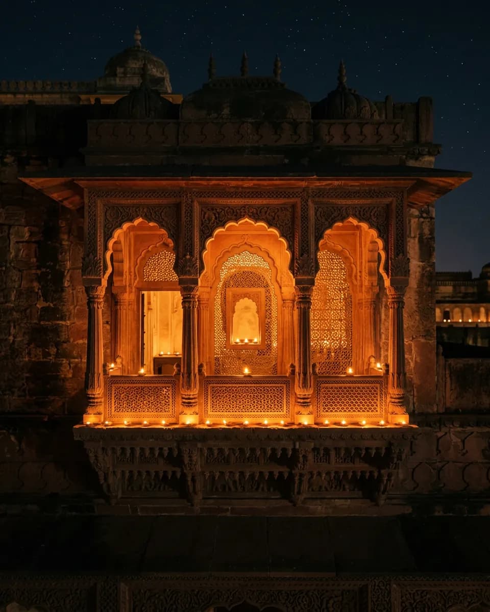 The jharokha: A carved balcony glowing amber from the lamps inside.