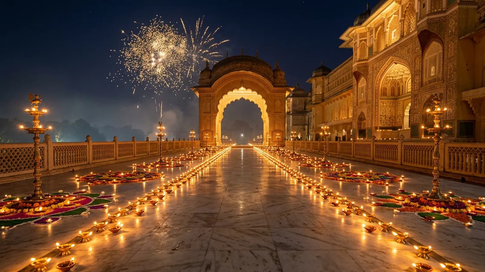 The path of lights: Marble, diyas and rangoli leading to the palace arch.