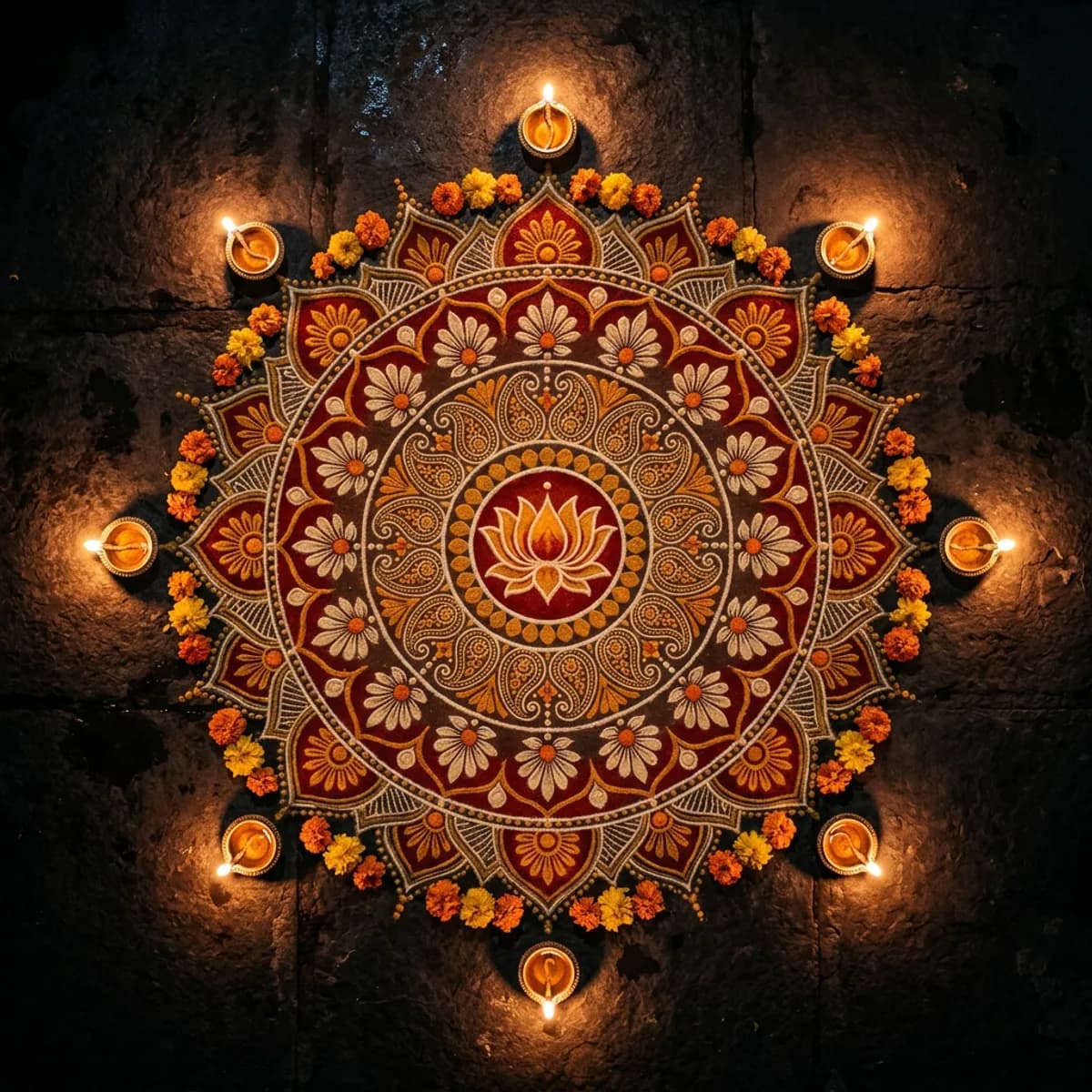 Rangoli at the threshold: Petals of vermilion, saffron and gold, ringed by eight lamps.