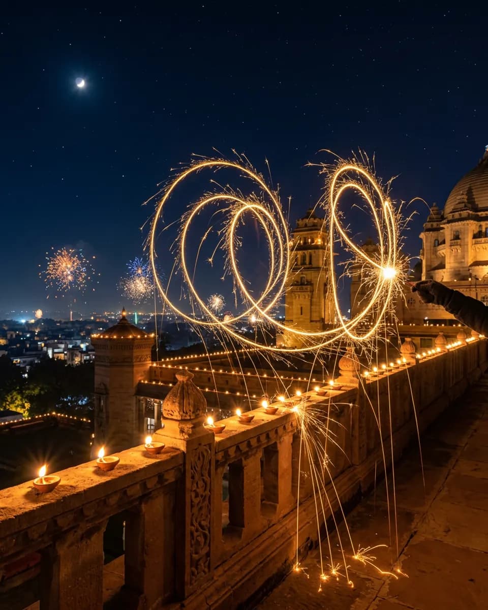Drawing with light: A golden sparkler's loops over the terrace parapet.